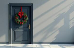 Front door decorated with Christmas amazing tree branches and mistletoe, dark wall background free space for text photo