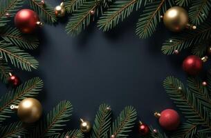 Decorated Christmas tree amazing branches lying on black background, postcard with free space for text, top view photo