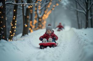Kid is amusing sledding down snow hill, child is having fun during New Year holidays, Christmas tree background photo
