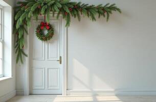 Front amazing door decorated Christmas tree branches and mistletoe, white wall and background, free space for text photo