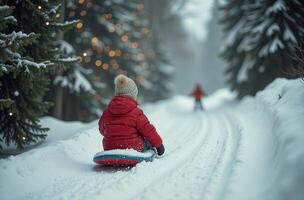 Kid amusing is sledding down snow hill, child is having fun during New Year holidays, Christmas tree background photo