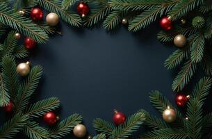 Decorated amazing Christmas tree branches lying on black background, postcard with free space for text, top view photo