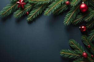 Decorated Christmas amazing tree branches lying on black background, postcard with free space for text, top view photo