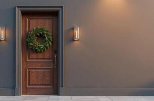 Front door amazing decorated with Christmas tree branches and mistletoe, dark wall background free space for text photo