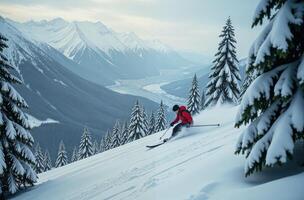 Man amusing sliding down snowy mountain skis, mountain and Christmas tree background, New Year Eve vacation resort photo