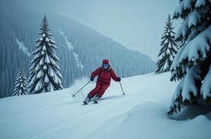 Man sliding amusing down snowy mountain skis, mountain and Christmas tree background, New Year Eve vacation resort photo