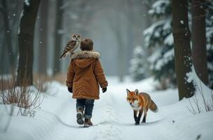 Boy handsome with owl walking along trail in snowy winter forest, fox irunning towards, background Christmas tree photo