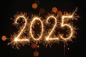 Sparkler Cute in the form of the number 2025, glowing Christmas fireworks photo