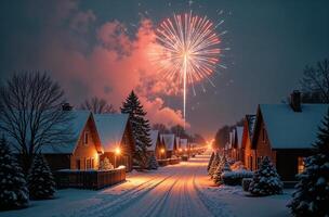 New Year Cute fireworks, suburb view, Christmas tree and building in the background, starry night photo