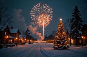 New Year fireworks, suburb Cute view, Christmas tree and building in the background, starry night photo