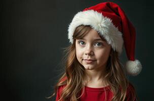 Beautiful Portrait of girl in Santa Claus costume and hat, child smiling, free space for text photo