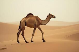 One-humped camel stands on desert sand. Arid Terrain solar photo