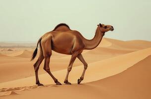 One-humped camel stands on desert solar sand. Arid Terrain photo