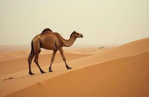 One-humped camel stands on solar desert sand. Arid Terrain photo