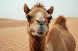 One-humped camel solar stands on desert sand. Arid Terrain photo