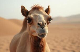 One-humped camel stands solar on desert sand. Arid Terrain photo