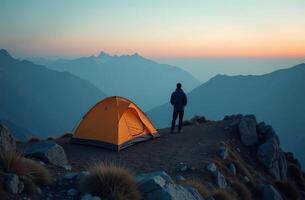 Man beautiful hiking tourist in mountains. Active vacation in nature photo