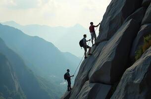Group tourists backpacks handsome climb mountain. Active holidays nature photo