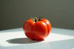 Tomato on table, tasty close-up of fresh vegetable, bright kitchen photo