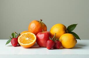 Still life on table, close-up of fresh fruits, tasty bright kitchen photo