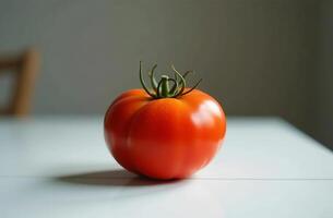 Tomato tasty on table, close-up of fresh vegetable, bright kitchen photo