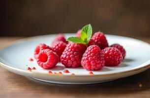 Raspberry on table, close-up tasty of fresh berries, bright kitchen photo