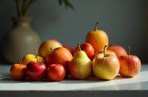 Still life tasty on table, close-up of fresh fruits, bright kitchen photo