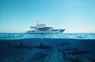 Ship yacht on surface of ocean Beautiful water, sea shark swim underwater photo
