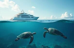 Ship yacht on surface of ocean water, sea turtles swim underwater photo