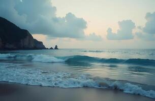Blue ocean wave, white Beautiful sea foam, seascape, deserted sandy beach photo