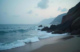Blue ocean wave, white sea foam, seascape, Beautiful deserted sandy beach photo