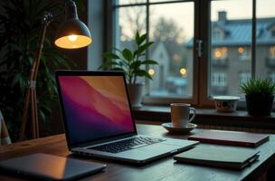 Laptop Desk cabinet Office remote work on notebook, open space center photo