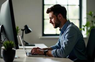 Man Worker Work on Laptop Desk cabinet Office remote work on notebook photo