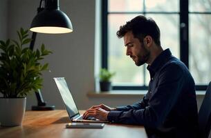 Man Worker cabinet Work on Laptop Desk Office remote work on notebook photo