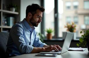 Man Worker Work on Laptop Desk Office remote cabinet work on notebook photo