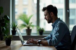 Man Worker Work on Laptop Desk Office remote work cabinet on notebook photo