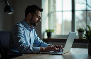 Man Worker Work on Laptop Desk Office cabinet remote work on notebook photo
