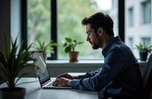 Man Worker Work on Laptop Desk Office, remote work on notebook cabinet photo