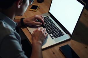 Man Worker Work on Laptop Desk Office, remote work on cabinet notebook photo