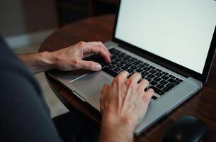 Man Worker Work on Laptop Desk Office, cabinet remote work on notebook photo