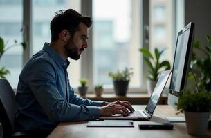 Man Worker Work on Laptop Desk Office, remote cabinet work on notebook photo