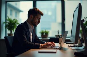 Man Worker Work on Laptop Desk Office, remote work cabinet on notebook photo