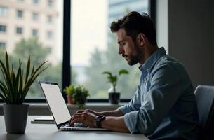 Man Worker Work on Laptop Desk cabinet Office, remote work on notebook photo