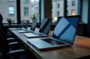 Laptop cabinet Desk Office remote work on notebook, open space center photo