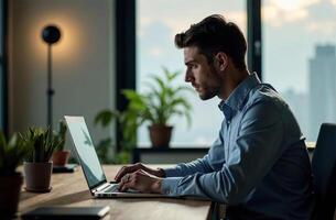 Man Worker Work on Laptop cabinet Desk Office, remote work on notebook photo