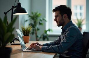 Man Worker Work on cabinet Laptop Desk Office, remote work on notebook photo