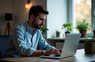 Man Worker cabinet Work on Laptop Desk Office, remote work on notebook photo