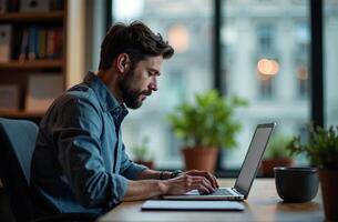 Man Worker Work on Laptop Desk Office remote work on notebook photo