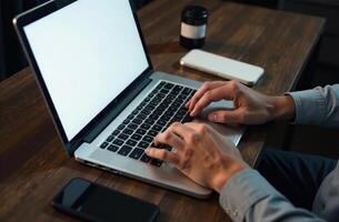 Man Worker Work on Laptop Desk Office remote work on notebook photo