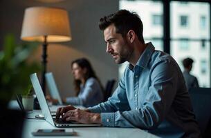 Man Worker Work Laptop Desk Office, remote work on notebook photo